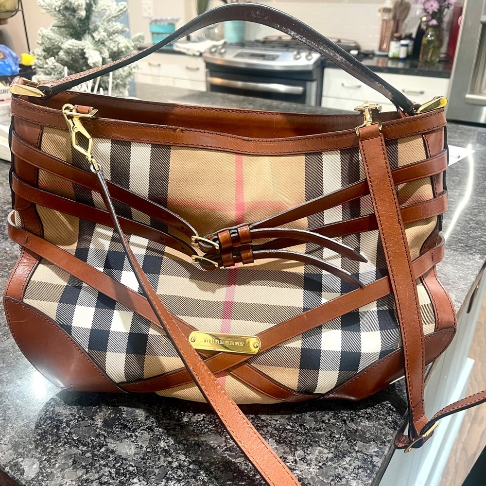 😍👜Burberry Bridle Dutton Hobo House Check/Leather Bag